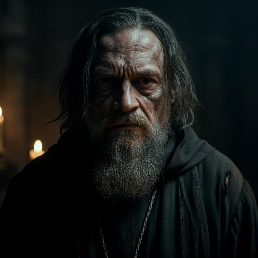Eerie Portrait of a Disheveled Monk in Gothic Style