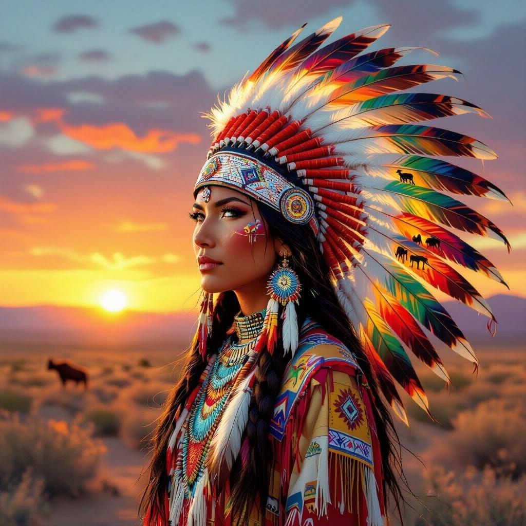 Native American Woman in Desert Sunset with Rainbow Feather ...