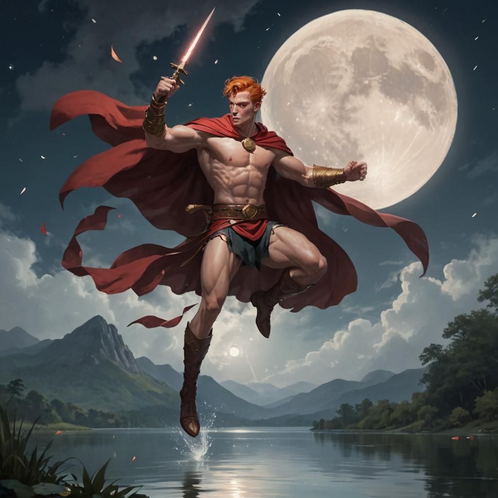 Battle Mage Soaring Over Lake Under Full Moon