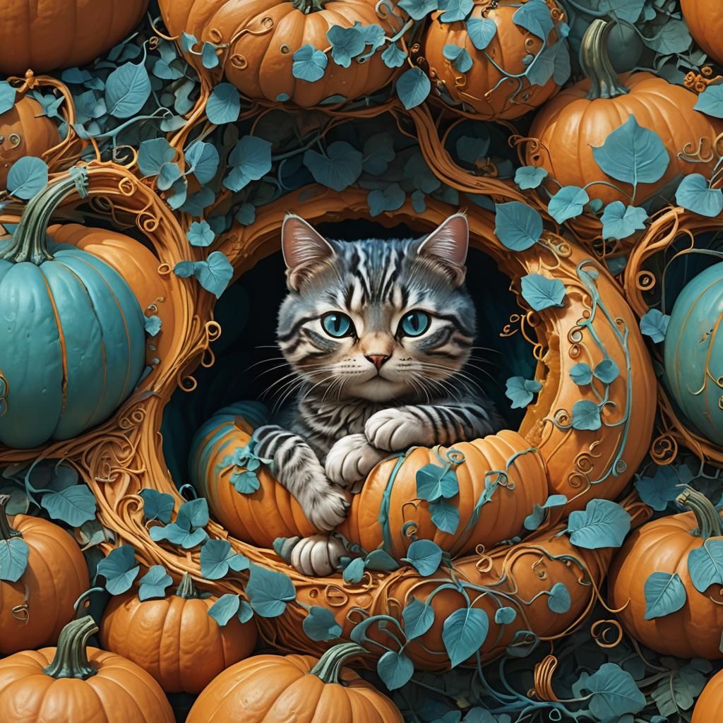 Cat in Pumpkin: Whimsical Digital Matte Painting