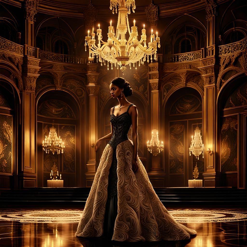 Woman in Lavish Gown in Grand Ballroom