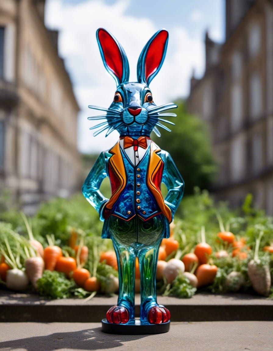 Glass Sculpture of Rabbit in Waistcoat, Neo-Expressionism