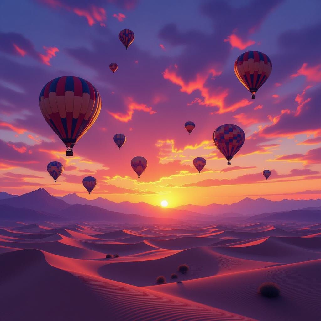 Hot Air Balloons Over Desert Mountains at Golden Sunset