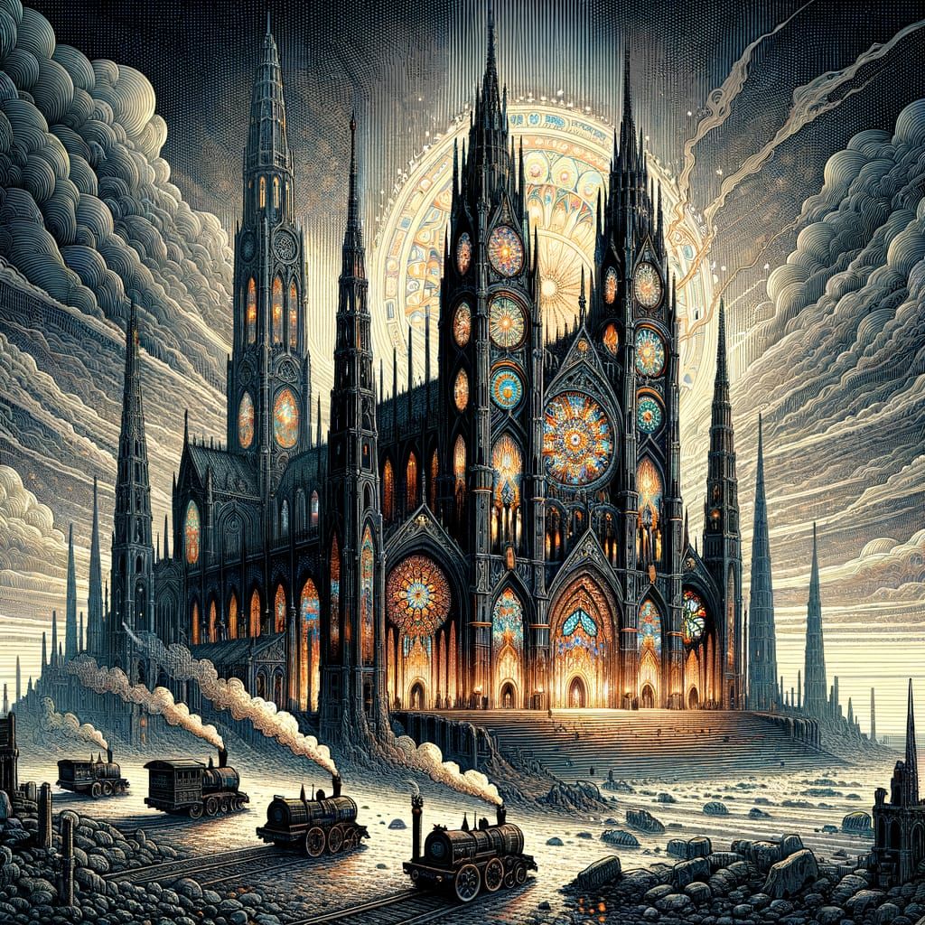 Gothic Cathedral in Barren Landscape, Art Nouveau Style