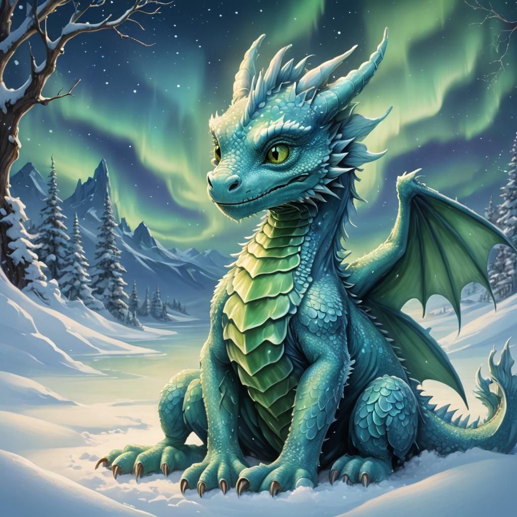 Baby Blue Dragon Gazing at Northern Lights