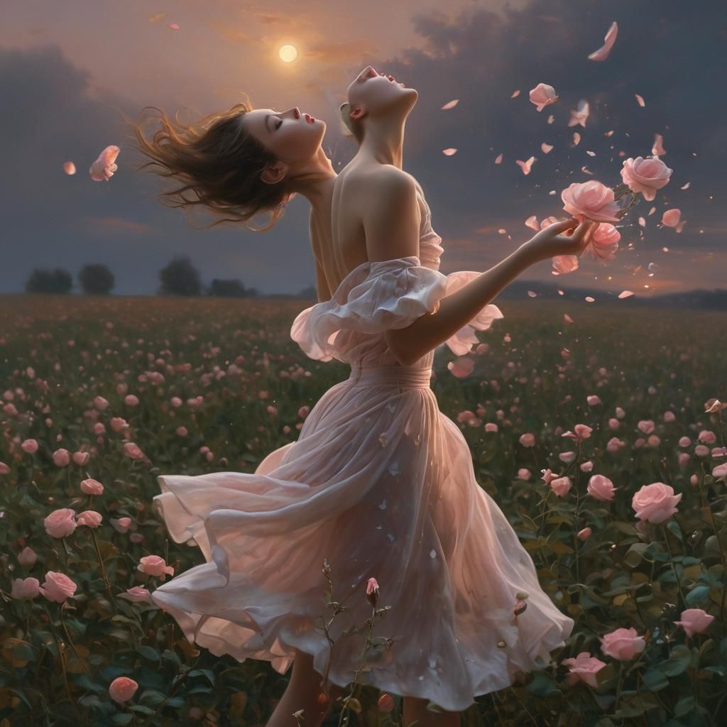 Rose Petal Woman in Moonlit Field: Surrealism