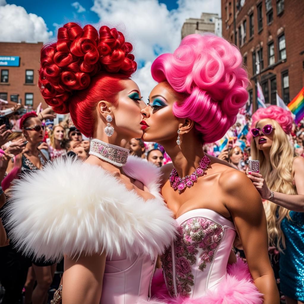 Hyperrealistic Drag Queens Kissing at Pride Parade