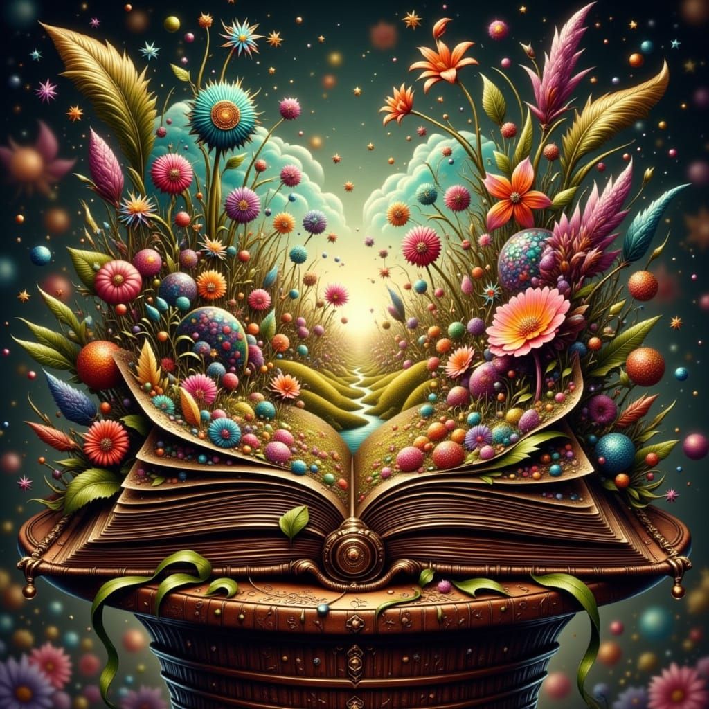 Ancient Tome Reveals Whimsical Flower Garden Scene in Fantas...