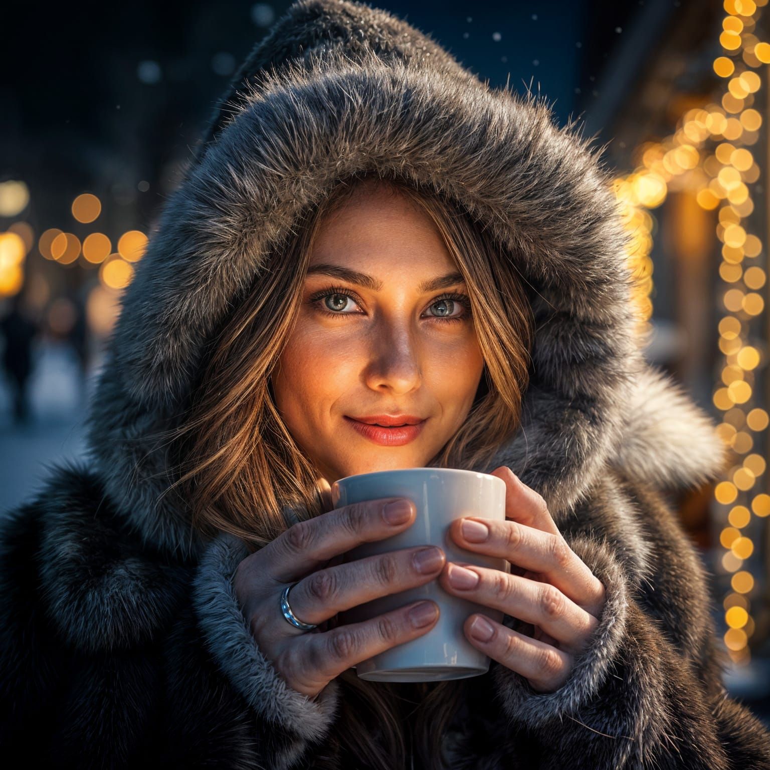 Beautiful Woman Sipping Hot Coffee in Snowy Evening