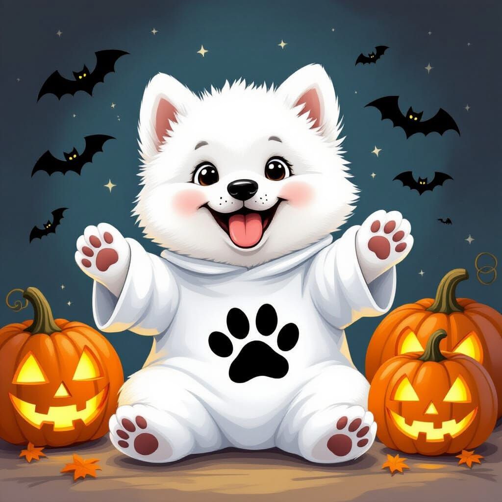 Samoyed Puppy in Ghost Costume with Jack-o'-Lanterns