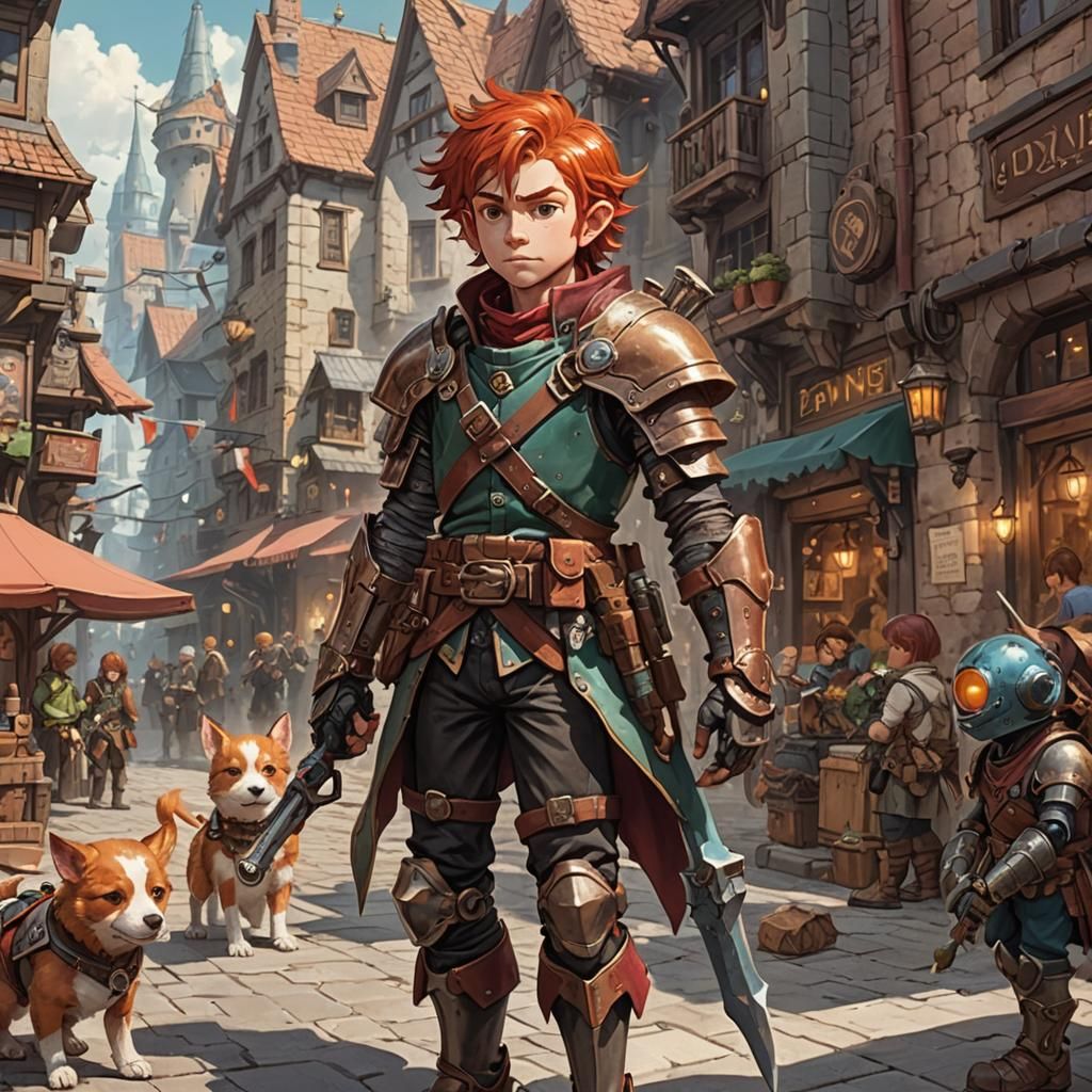 Halfling Artificer with Robot Dog in Manga Style