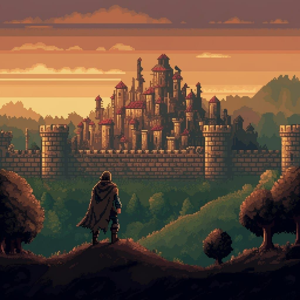 8-Bit Adventurer Gazes at Distant City