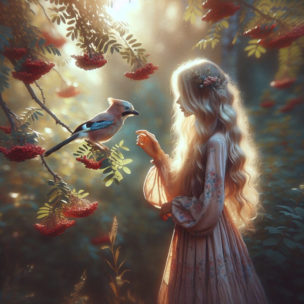 Girl and Jay in Rowan Forest, Art Nouveau Oil Painting