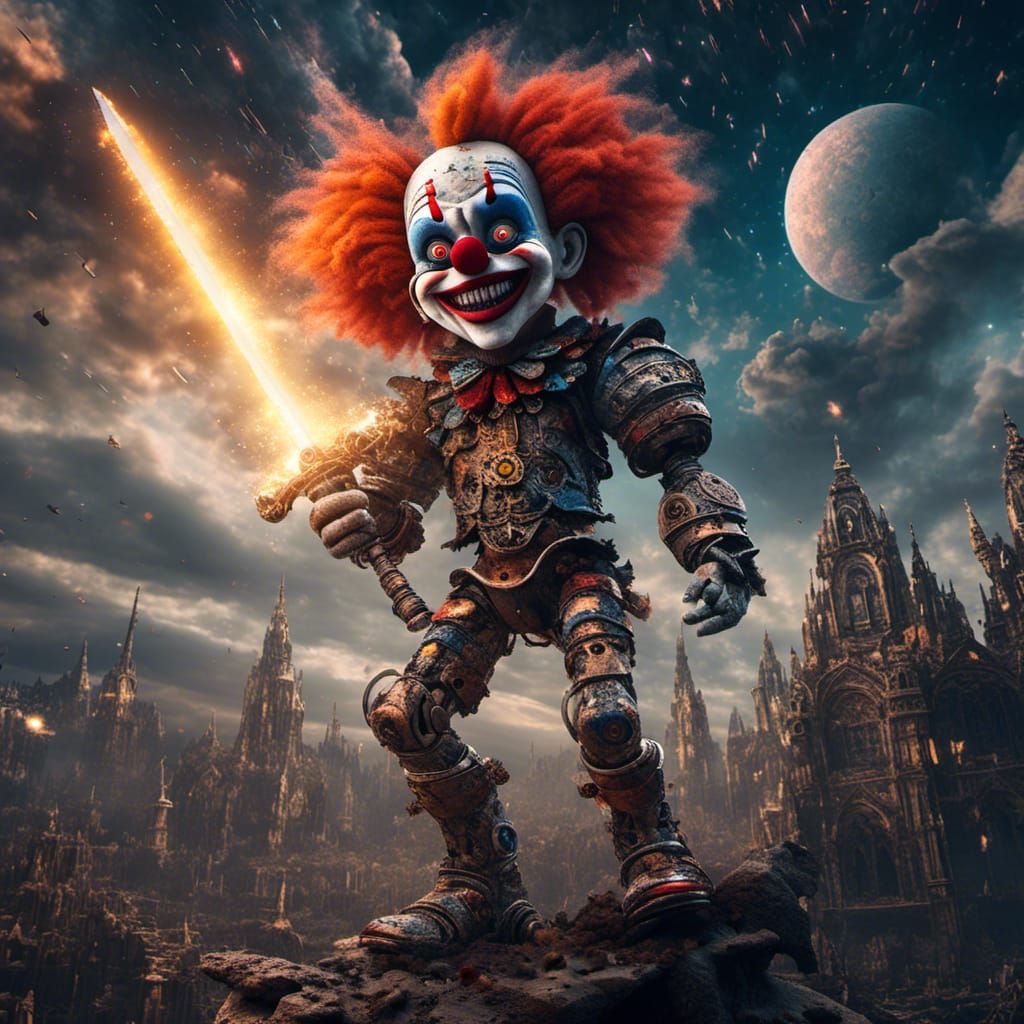 Robotic Clown with Sword Amidst Meteor Shower