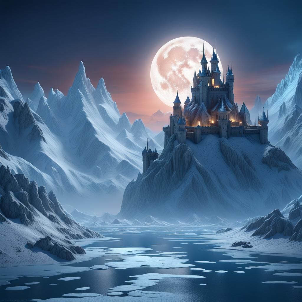 Ice Fortress with Dragon, Fantasy Concept Art