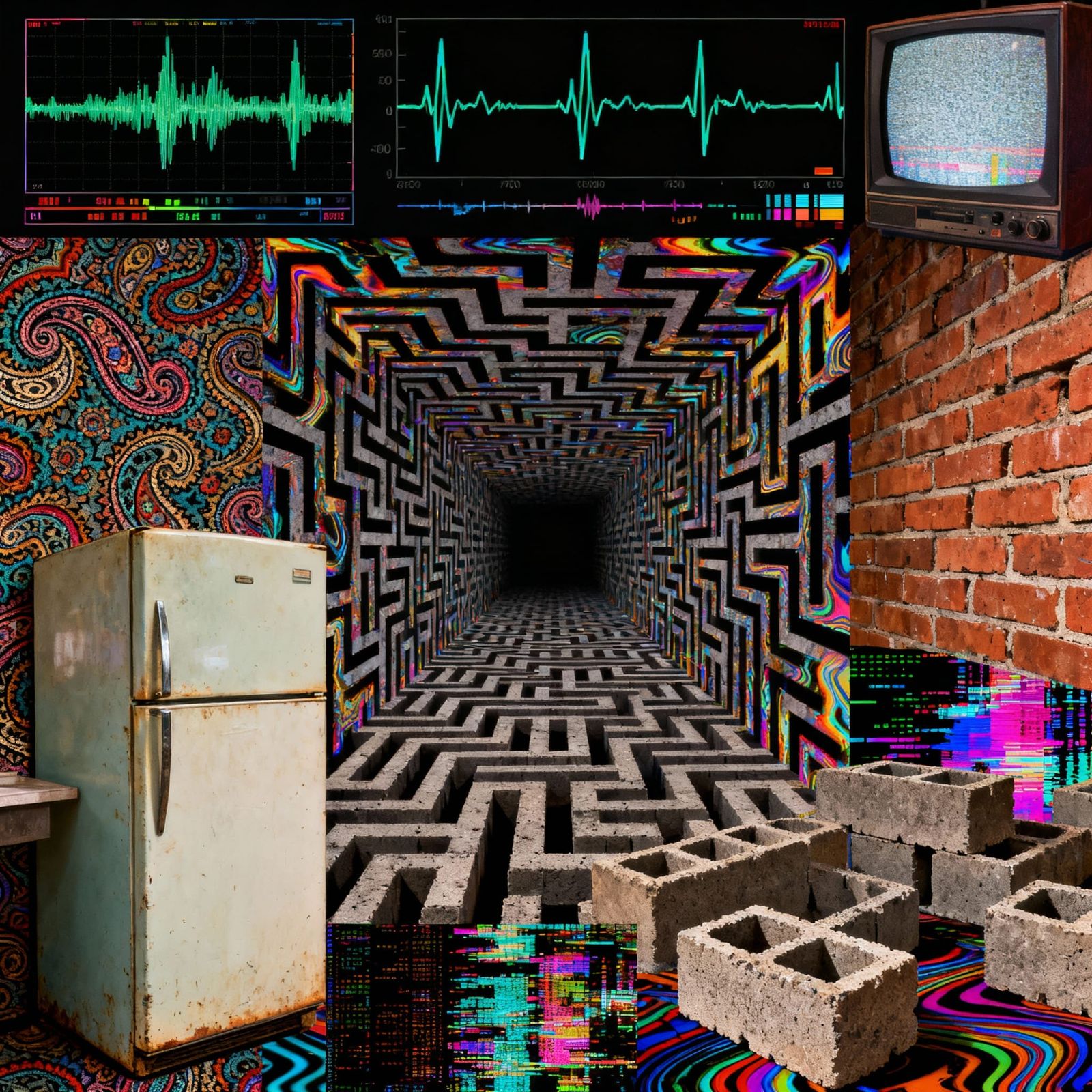 Psychedelic Collage Optical Illusion with Sound Waves