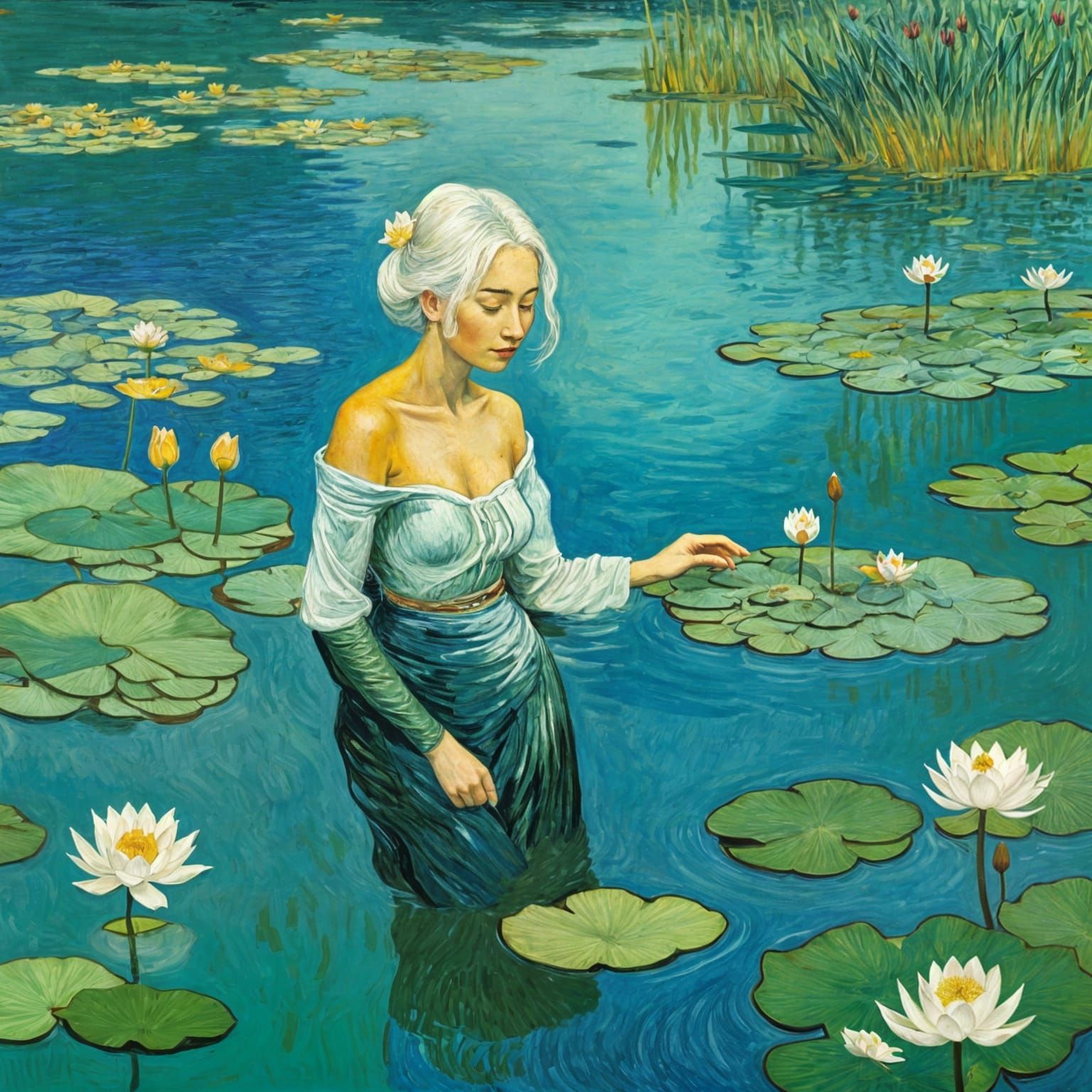 Woman Bathes in Lotus Lake: Van Gogh Style