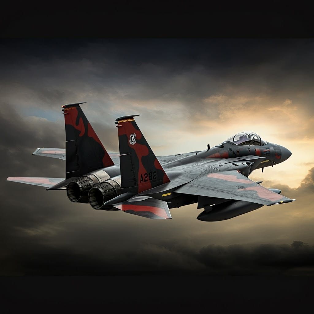 F-15 Fighter Jet with Black and Red Camouflage in Futuristic...