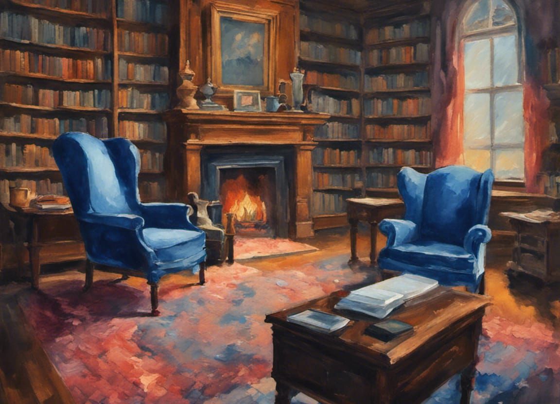 Victorian Library with Fireplace in Gouache Style