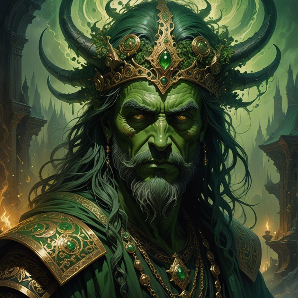 Fantastical Green Sorcerer in Ancient Velvet Robes