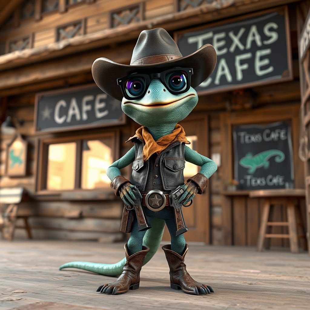 An adorable lizard sheriff in front of a cafe