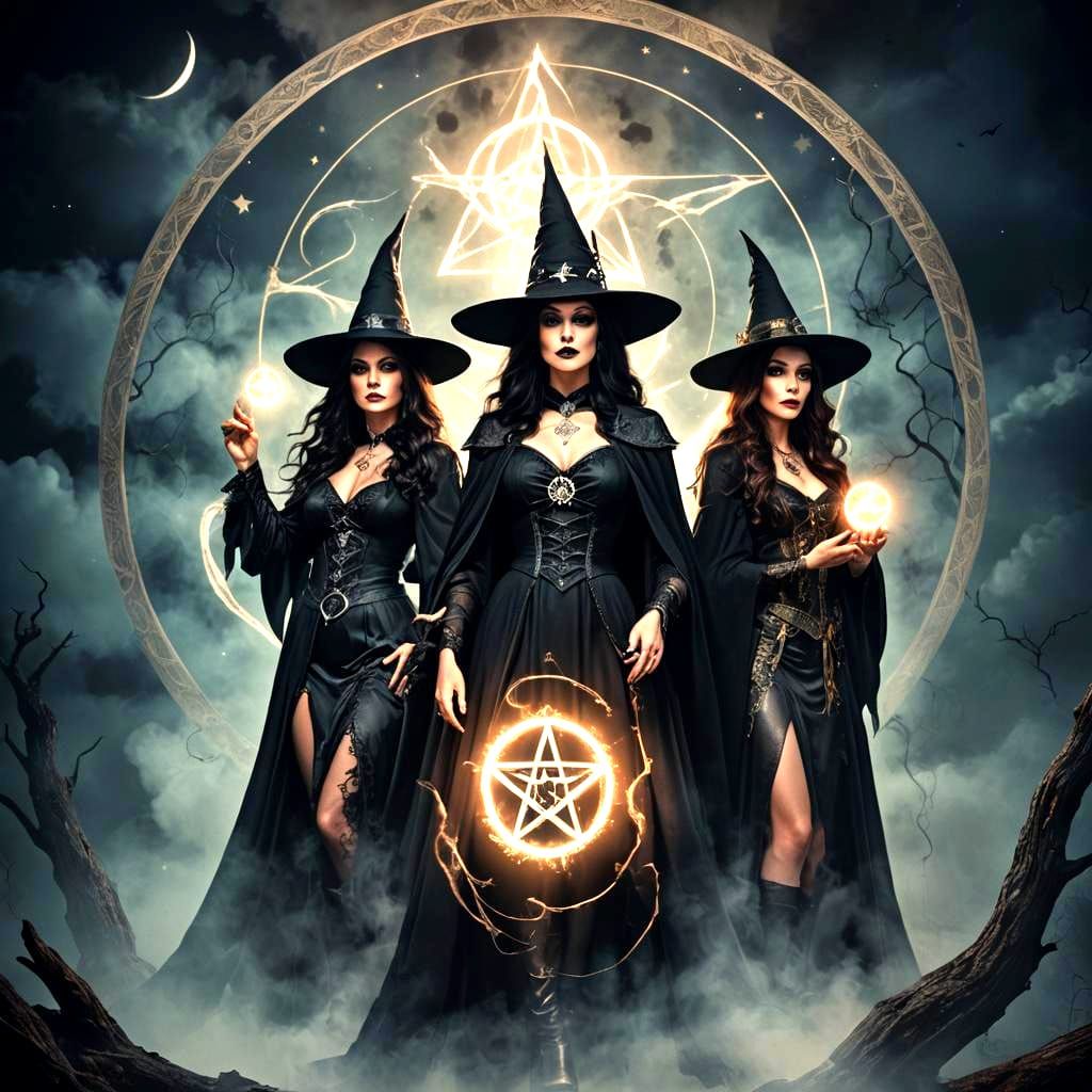 Witches Coven Under Moon Casting Spell