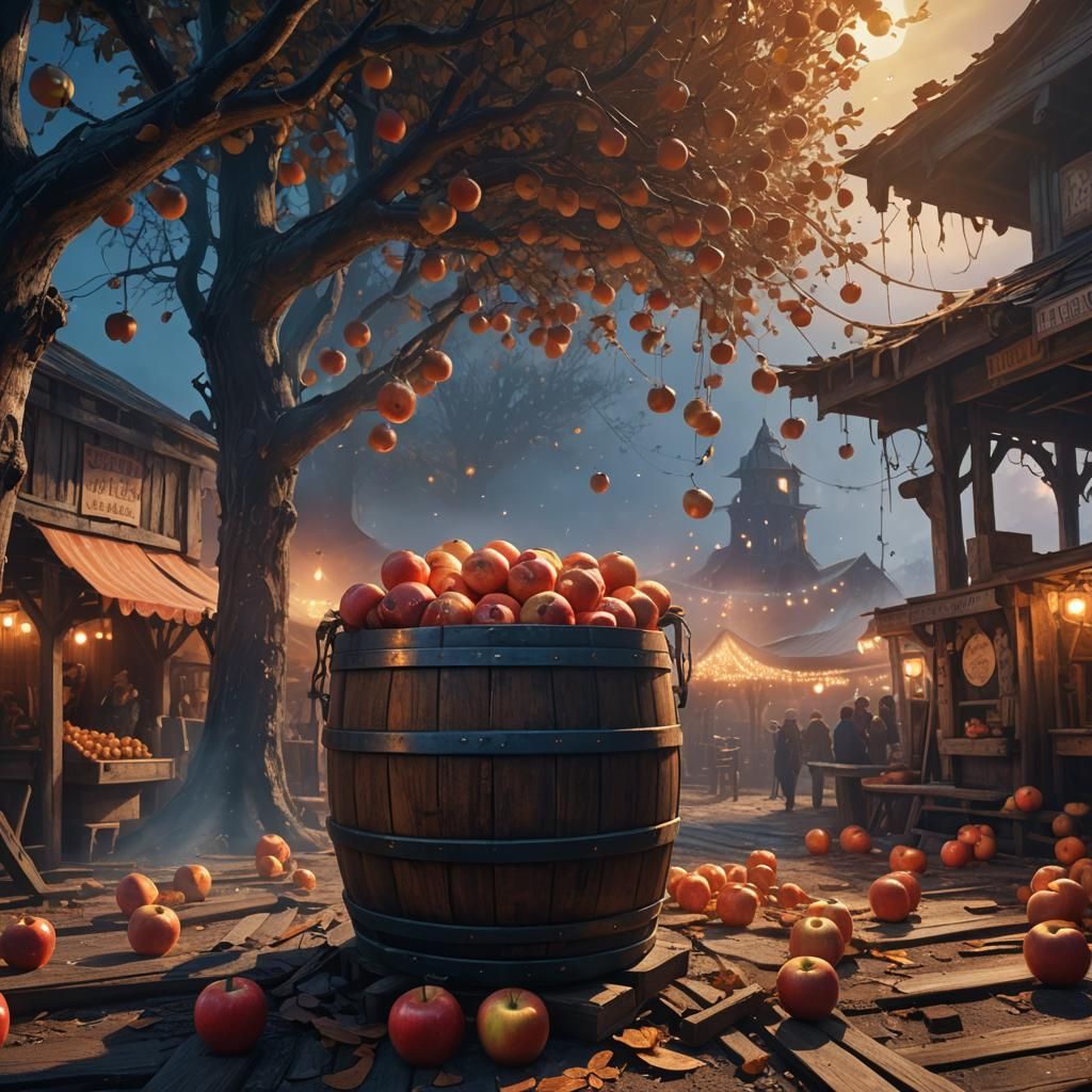Shining Apples Hovering Over Rusty Barrel