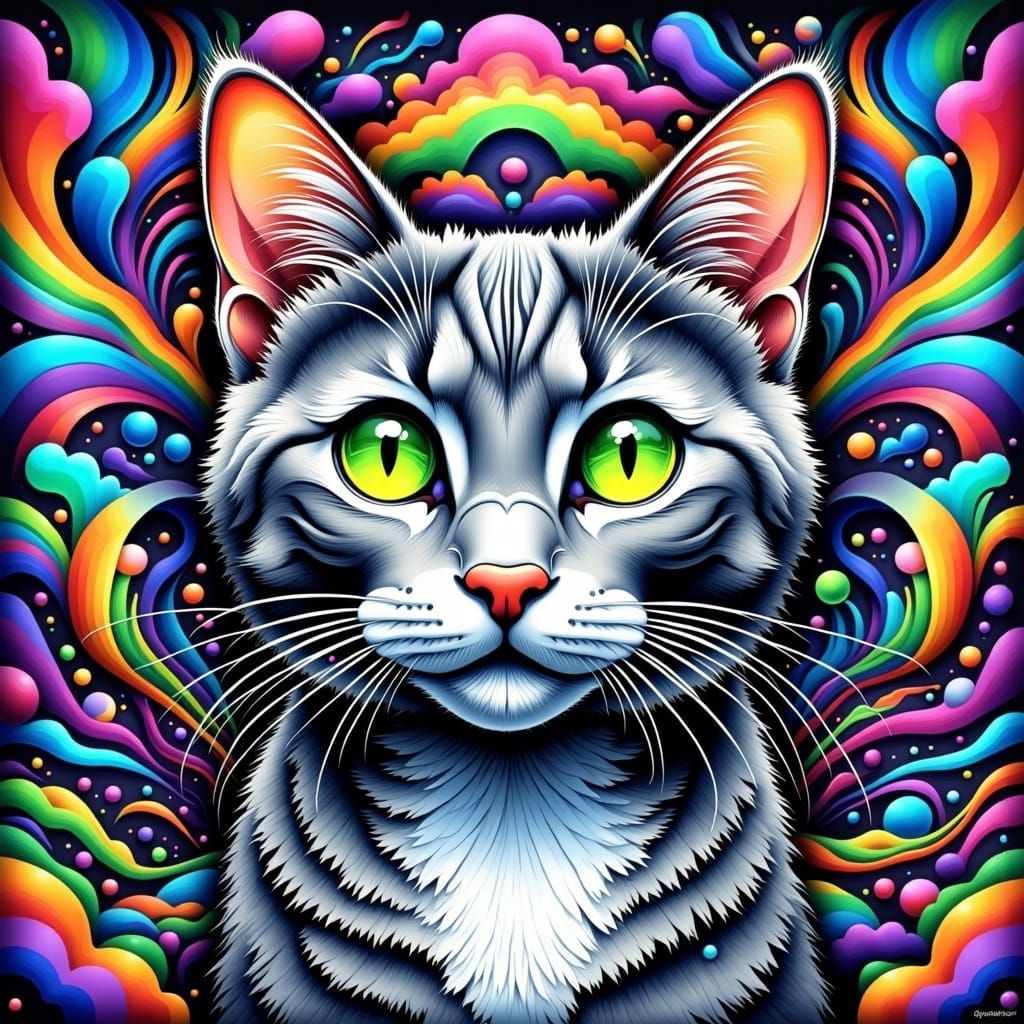 Gray Tabby Cat in Surreal Psychedelic Dreamscape