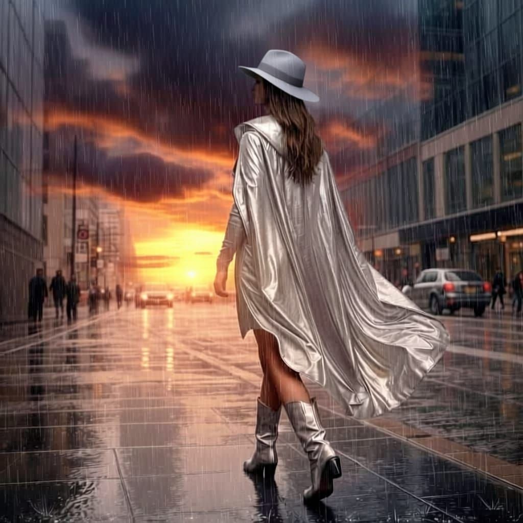 Mature Woman in Scaly Cape Views Rainy Cityscape