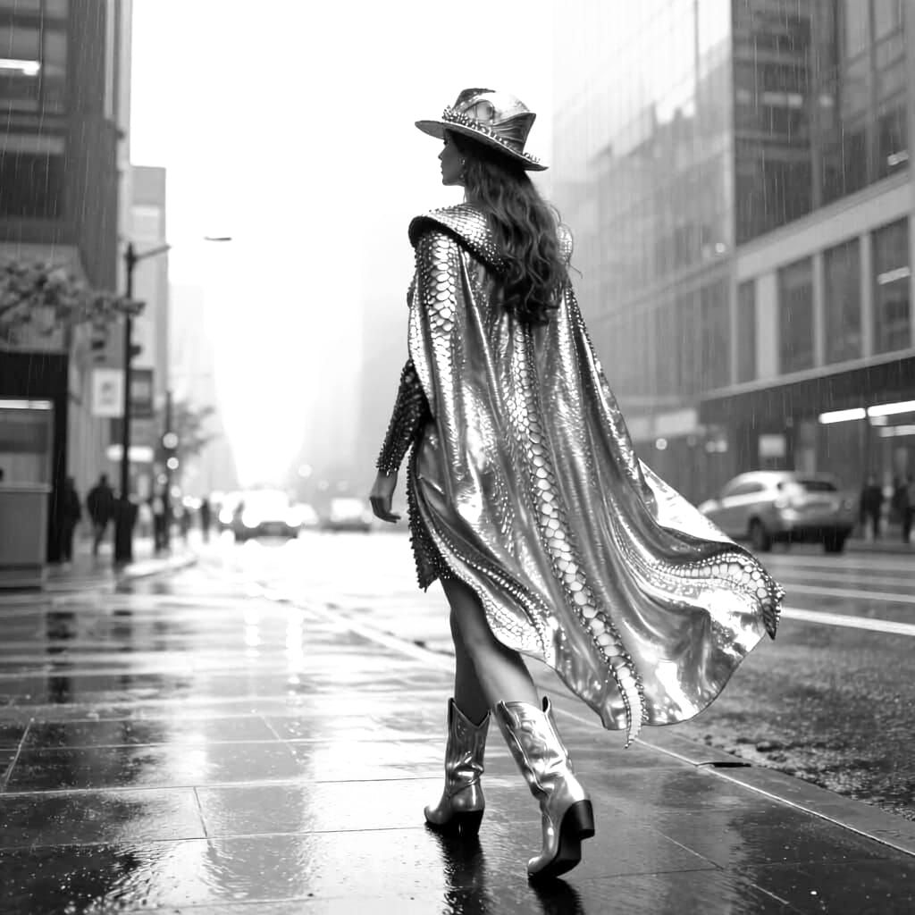 Elegant Woman in Scaly Cape Views Rainy Cityscape