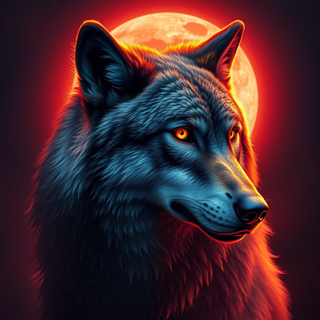 Majestic Wolf Portrait Under Blood Moon Glow