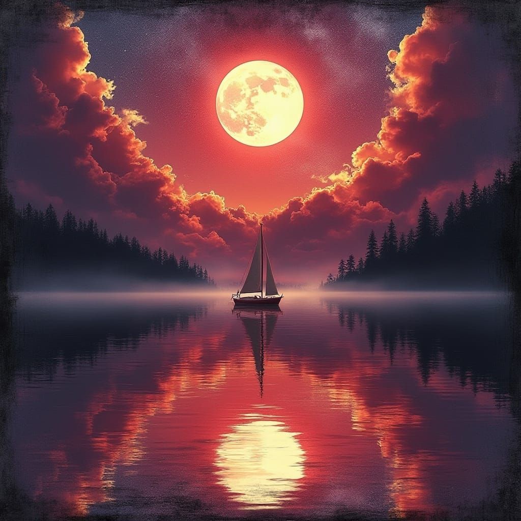 Surreal Red Moonlit Sailboat in Midnight Sky