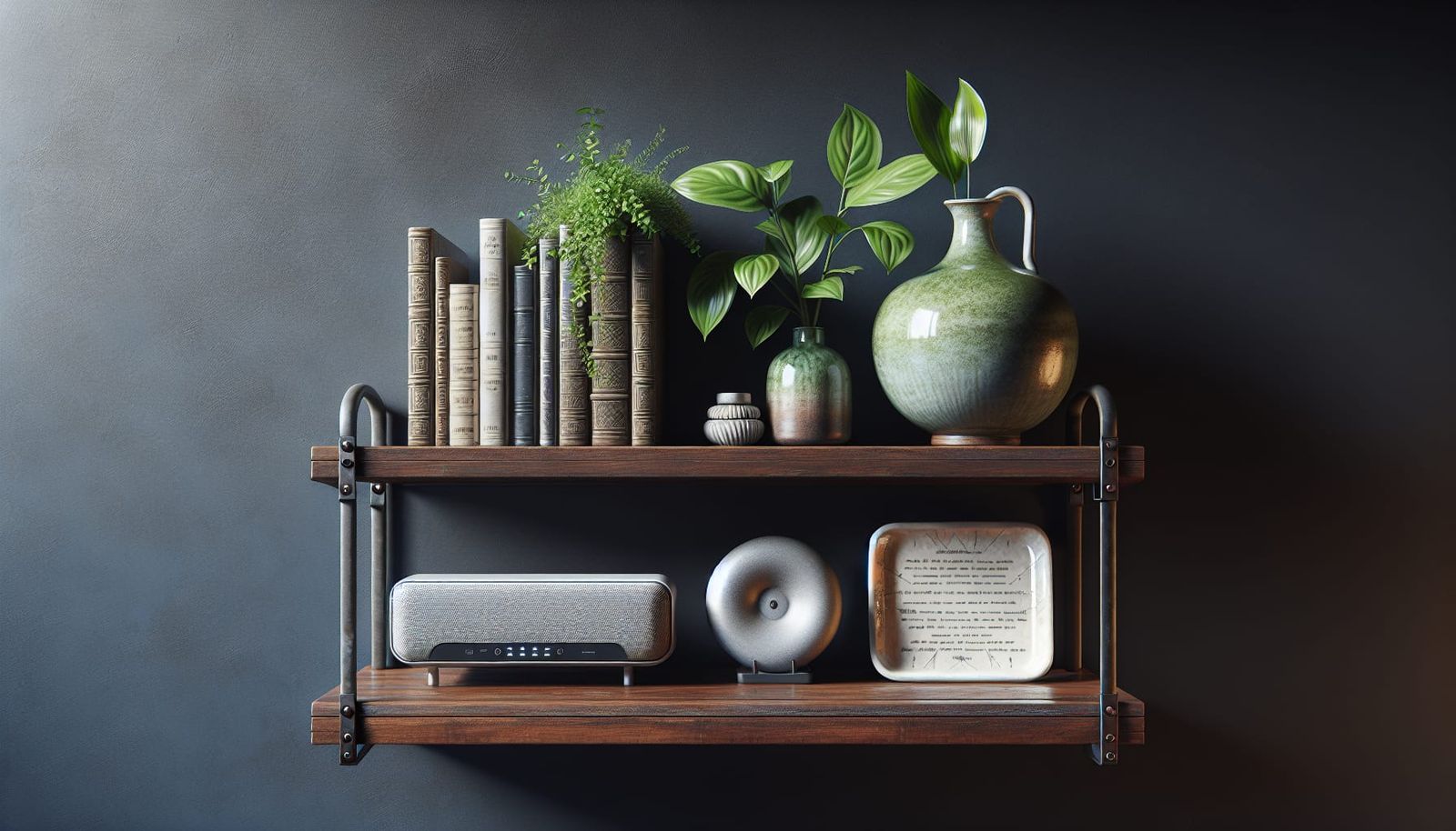 Eclectic Shelf Decor Against Dark Blue Wall