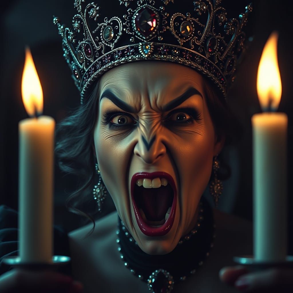 Gothic Vampire Queen in Frenzied Rage, Close-Up, Dark Backgr...