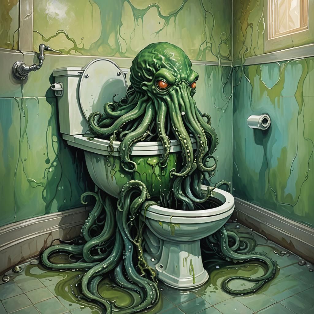 Cthulhu Descends into a Filthy, Clogged Toilet