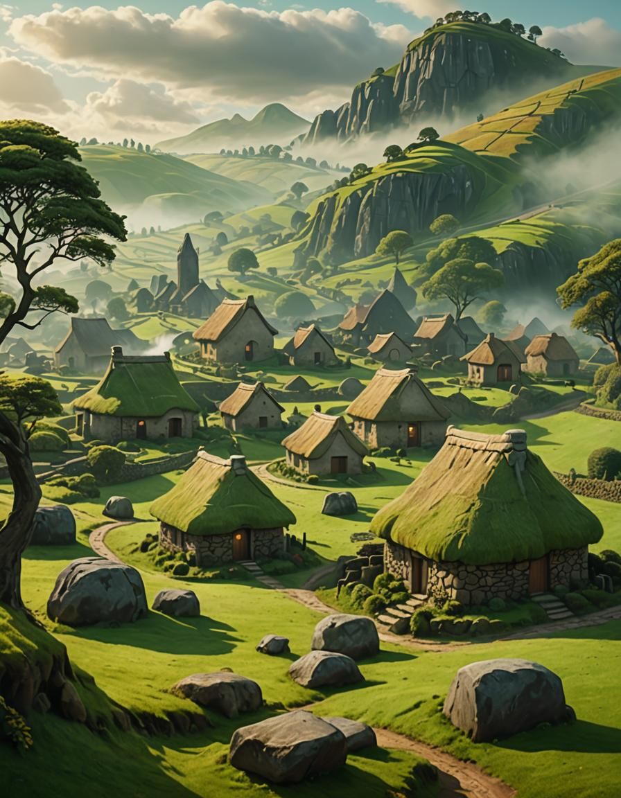 Celtic Village in Surrealist Style Digital Art
