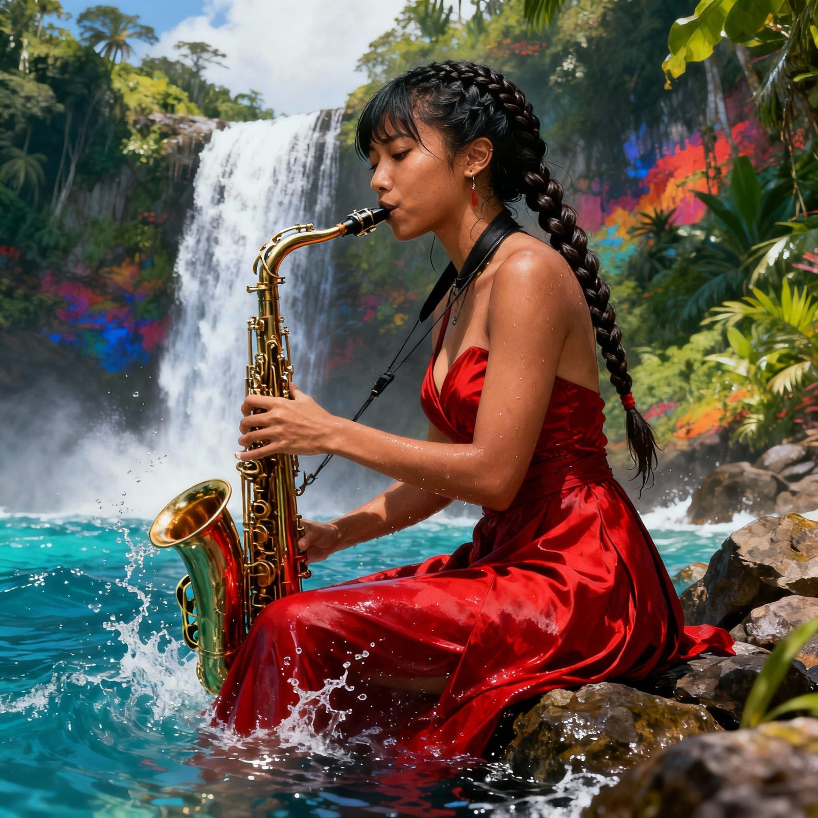 Samurai Saxophonist by Waterfall in Amazon Rainforest