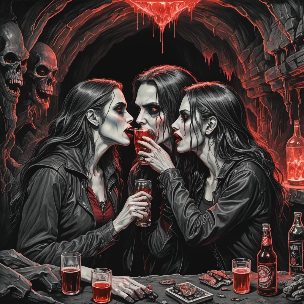Vampire Kiss: A Neon-Lit Charcoal Drawing