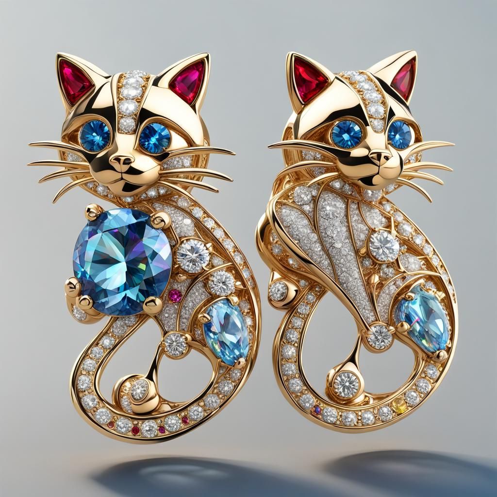 Gold Cat Earrings with Diamond and Sapphire, Futuristic Desi...