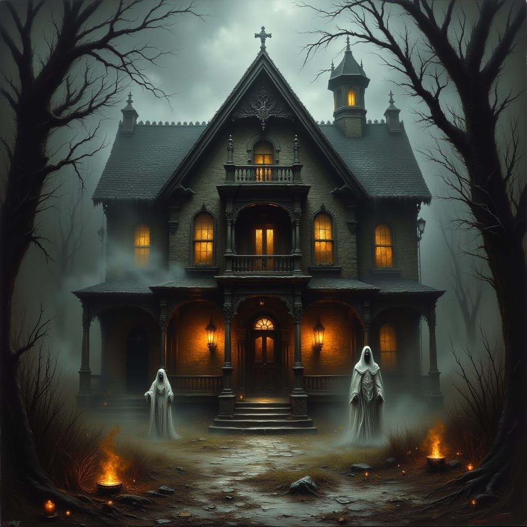 Eerie Haunted House with Spectral Ghosts