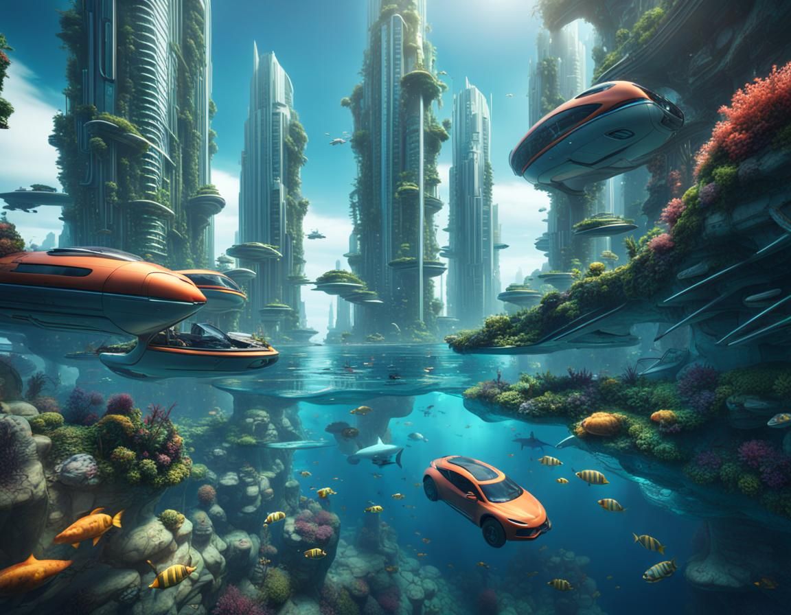 Futuristic Underwater City with Floating Vehicles