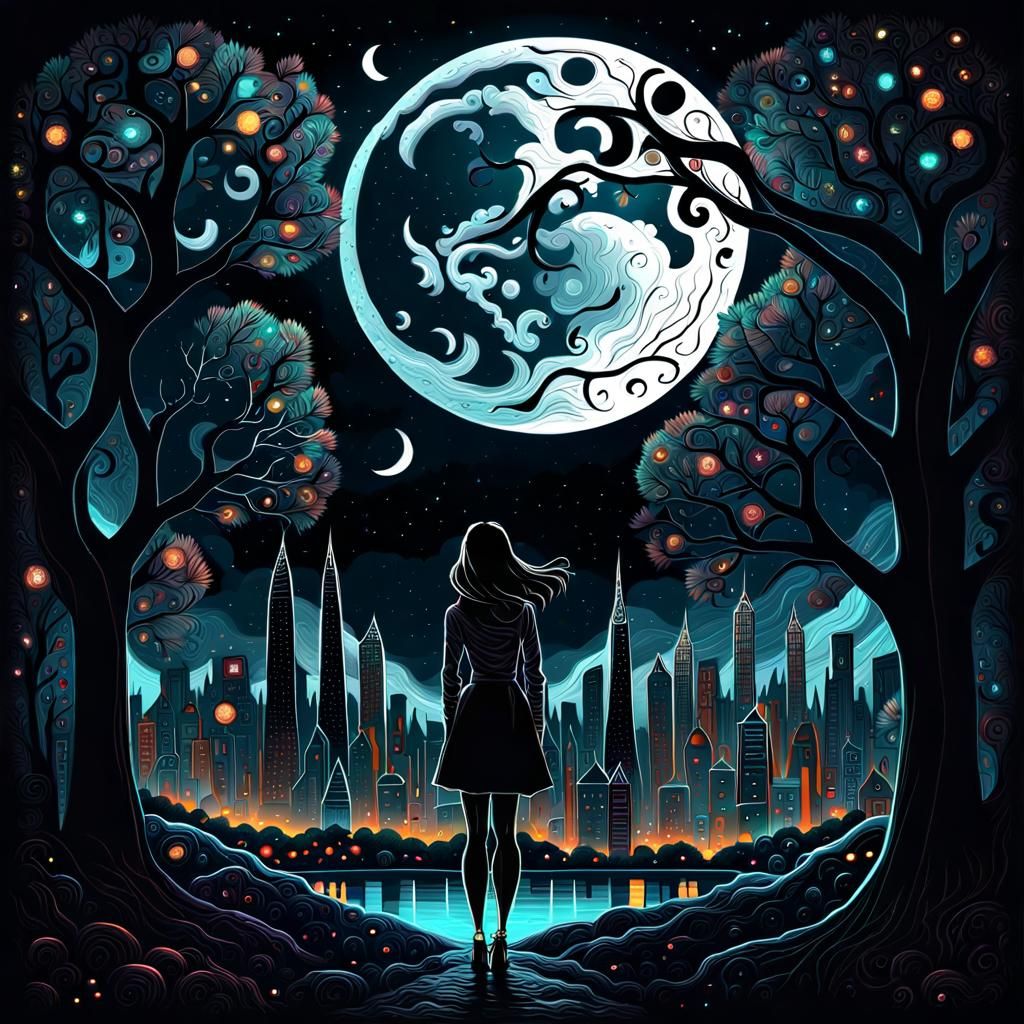 Letter Girl in Cosmic City: Detailed Flat Graphic