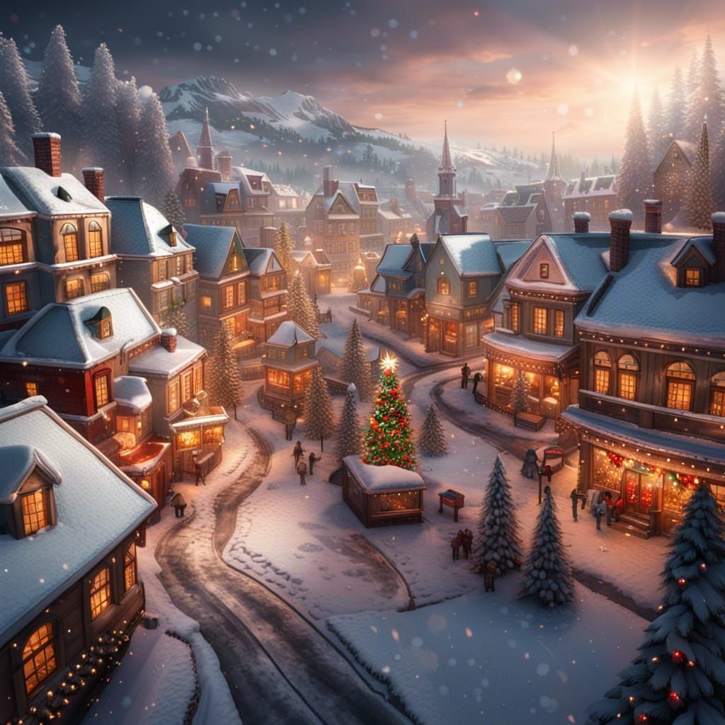 Snowy Christmas Town in Hyperrealistic Style