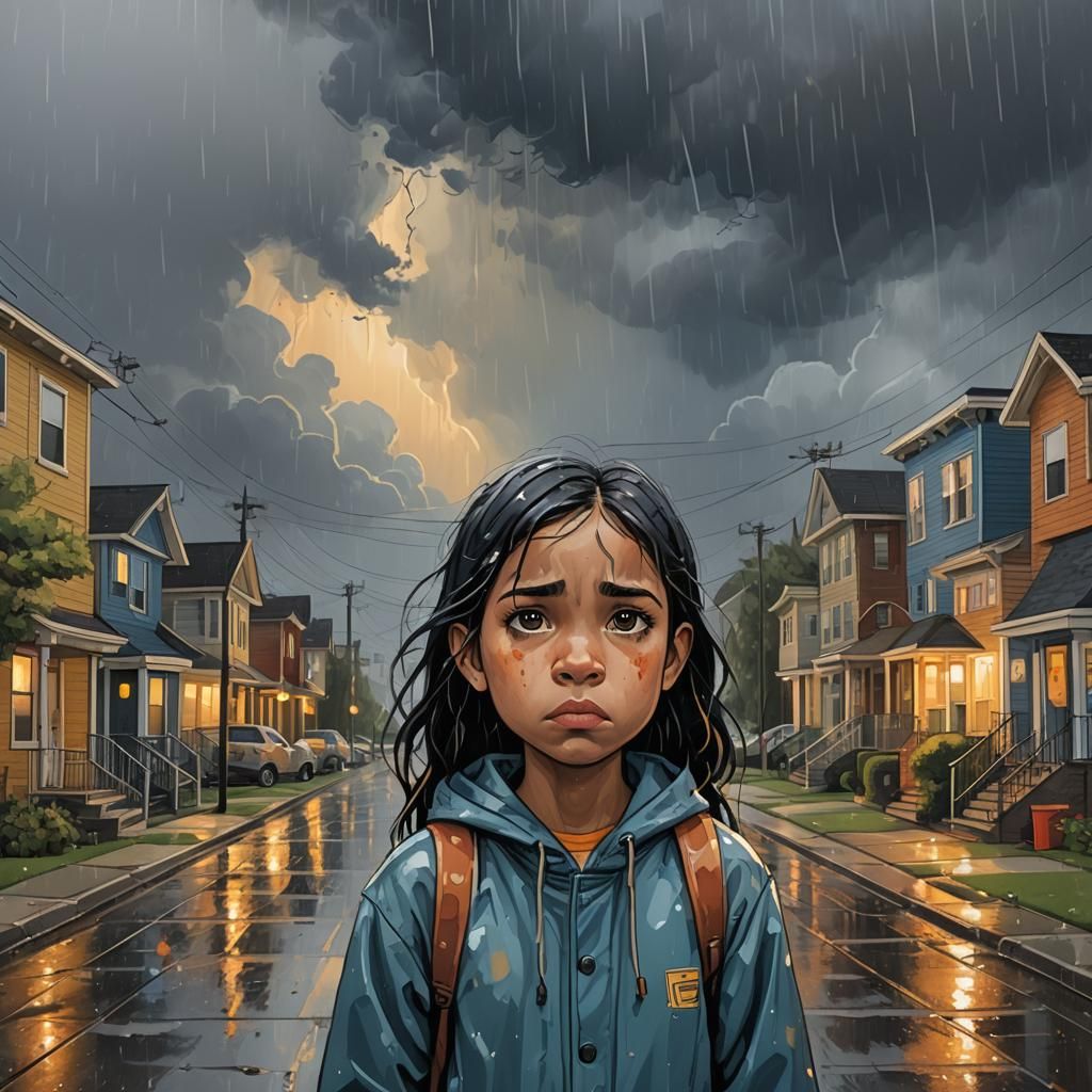 Cartoon Girl in Stormy Neighborhood