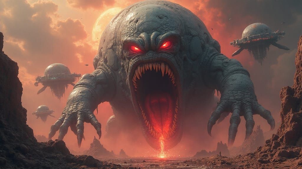 Ominous Planet with Glowing Eyes in Dark 3D Art