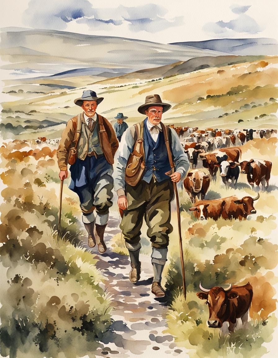 Scottish Cattle Drovers on Moorland Path Watercolor