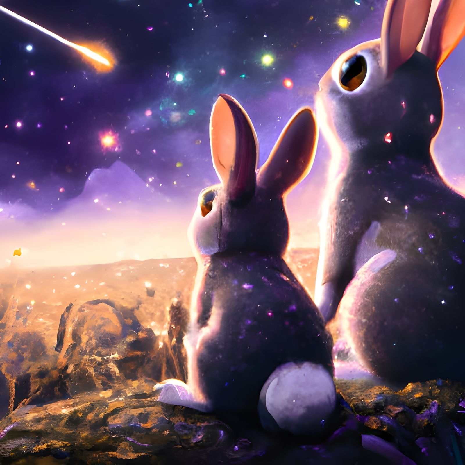 Bunnies Watch Shooting Stars: Epic Digital Painting