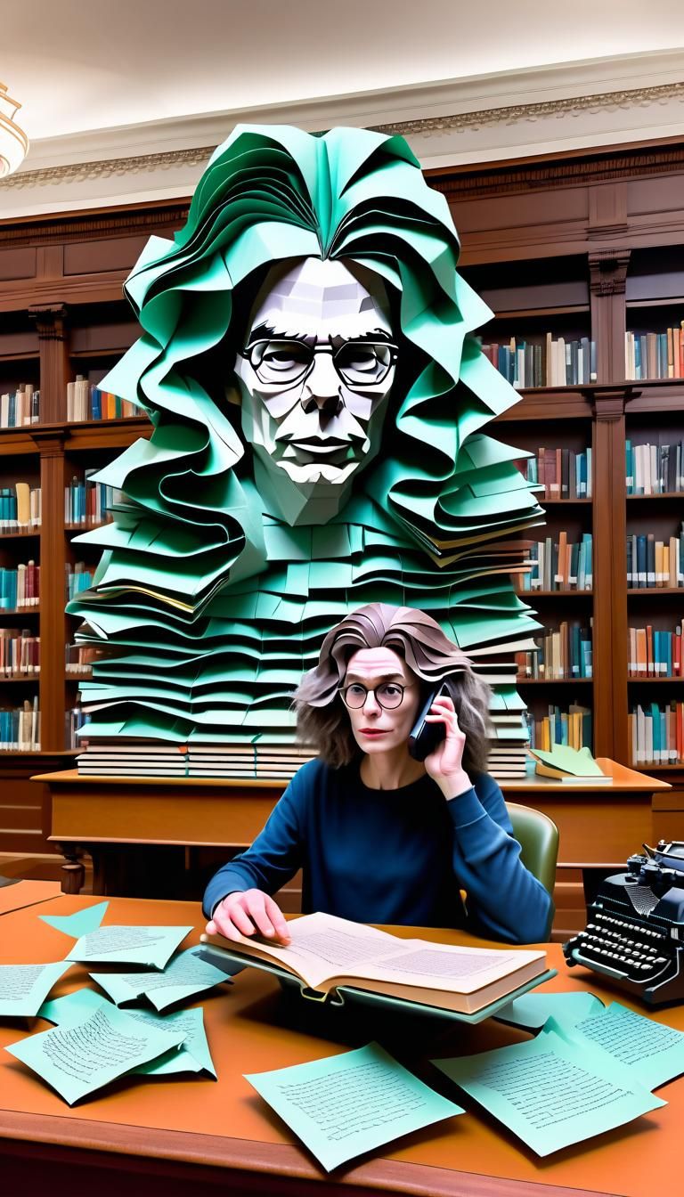 Interior of a library in a mansion, a woman's face is emerging from the wall retaining the complexion of the books, she ...