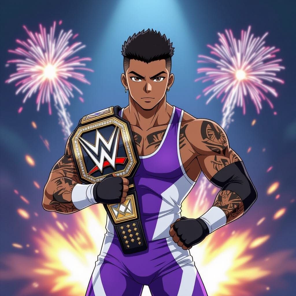 Anime Wrestler with Championship Belt and Pyro