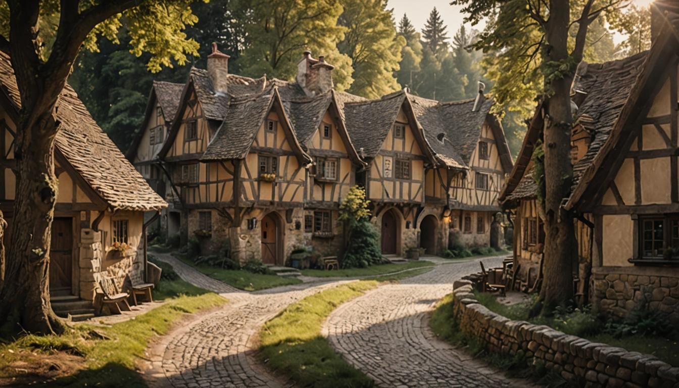 Medieval Village Scene in Forest: Landscape Photography
